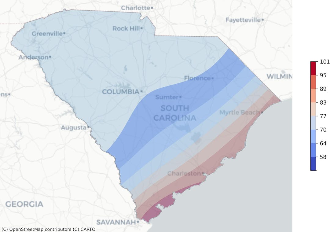 South Carolina tropical cyclone risk heat map: Regions color-coded based on frequency of hurricanes and tropical storms, weighted by wind speed, derived from NOAA's historical cyclone track data